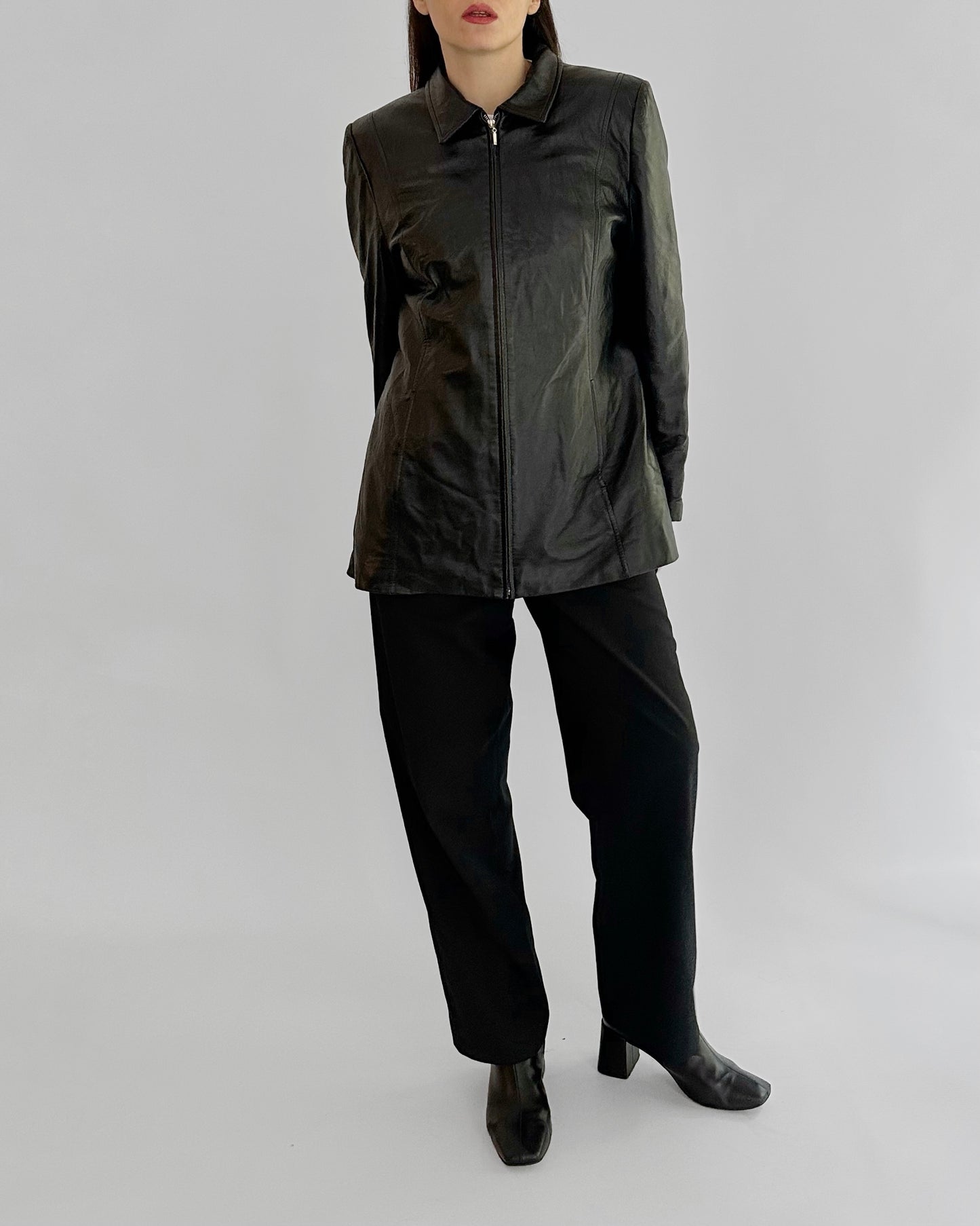 90s Black Sheepskin Zip-Up Leather Jacket