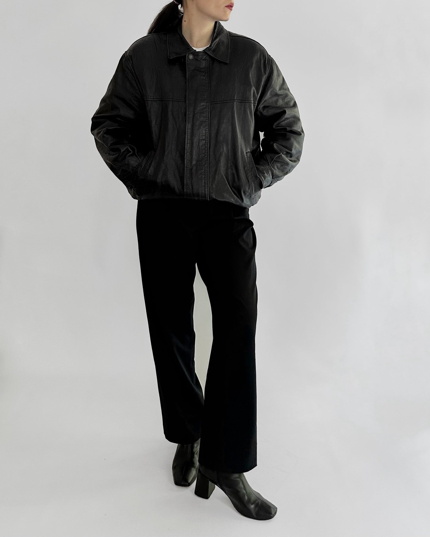 80s Black Leather Bomber Jacket