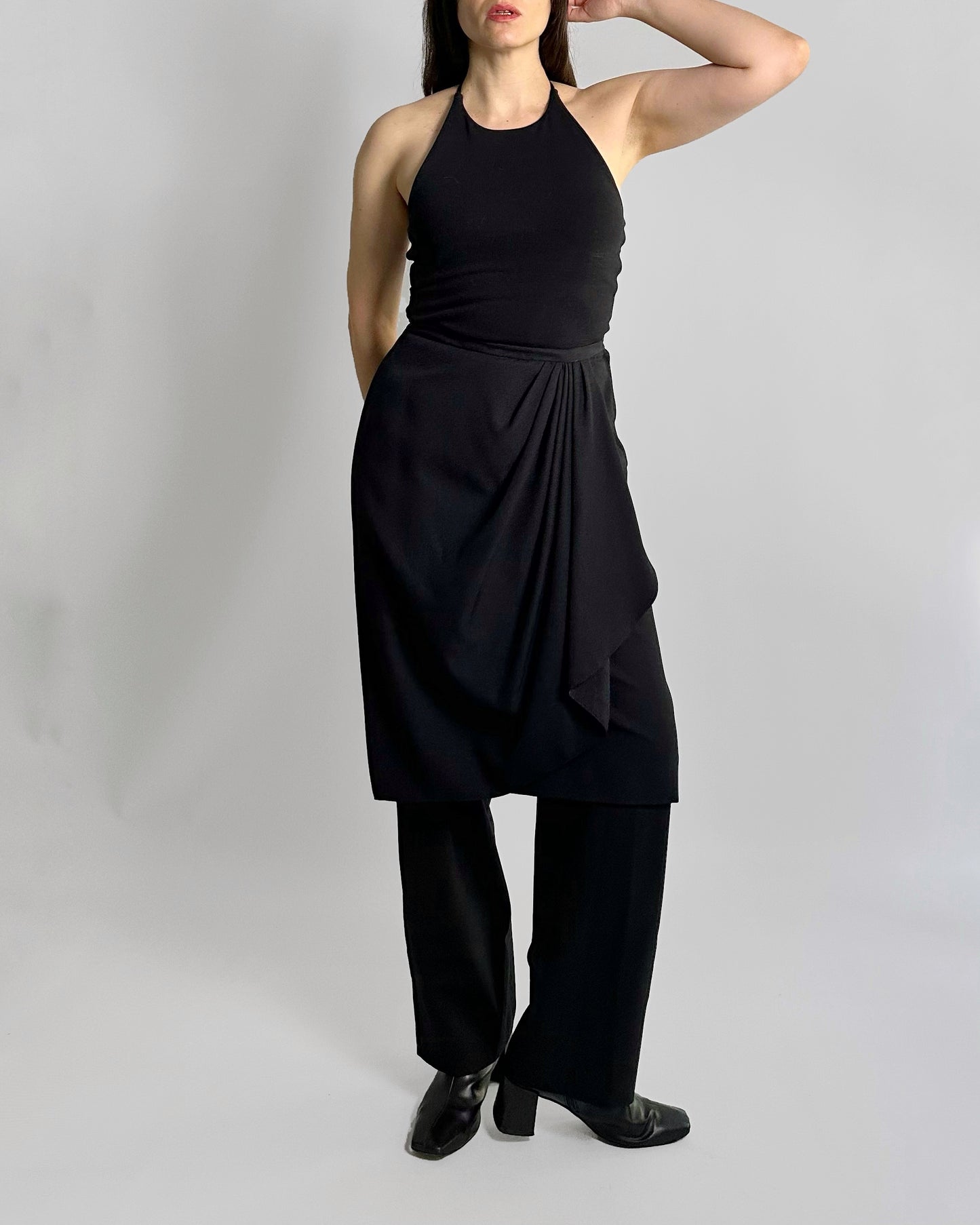 90s Black Draped Midi Skirt