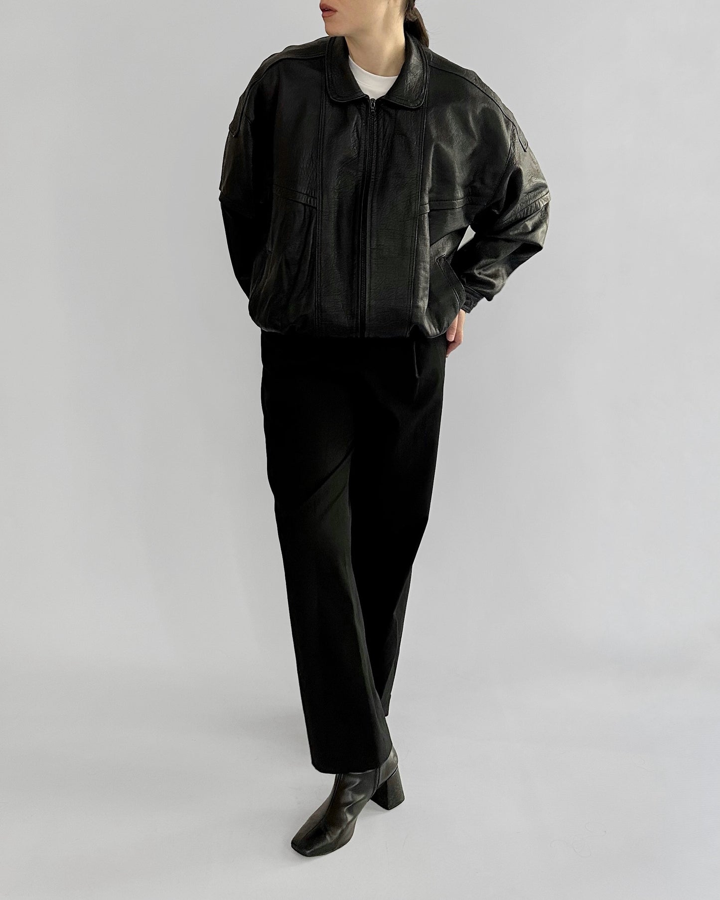 80s Black Sheepskin Leather Bomber Jacket