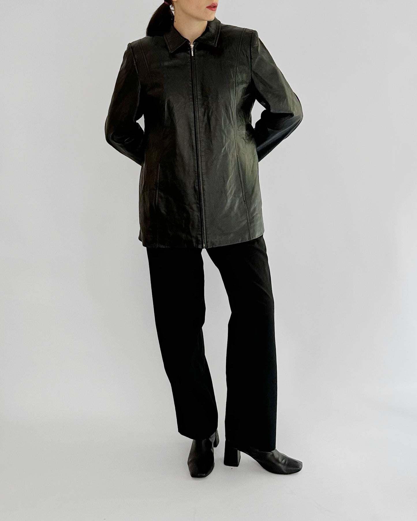 90s Black Sheepskin Zip-Up Leather Jacket