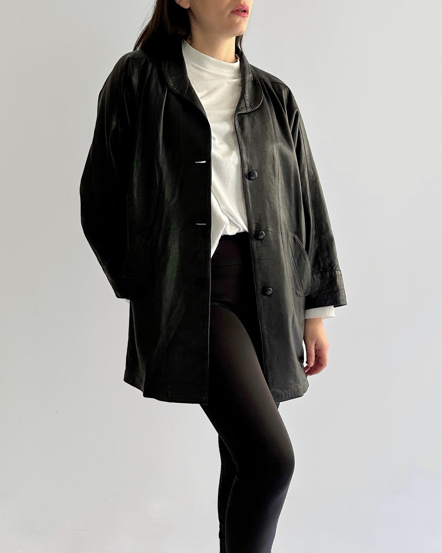 90s Black Oversized Leather Coat