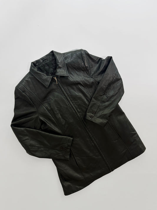 90s Black Sheepskin Zip-Up Leather Jacket