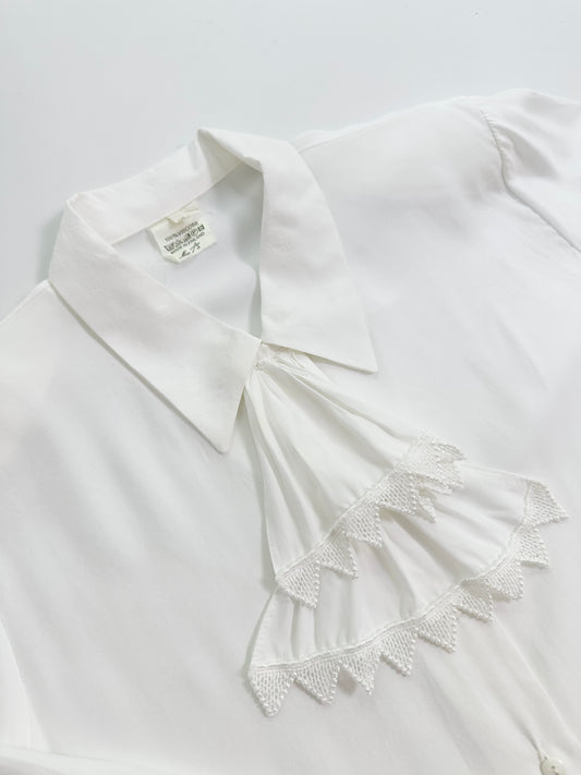 80s White Viscose Tie-Neck Blouse