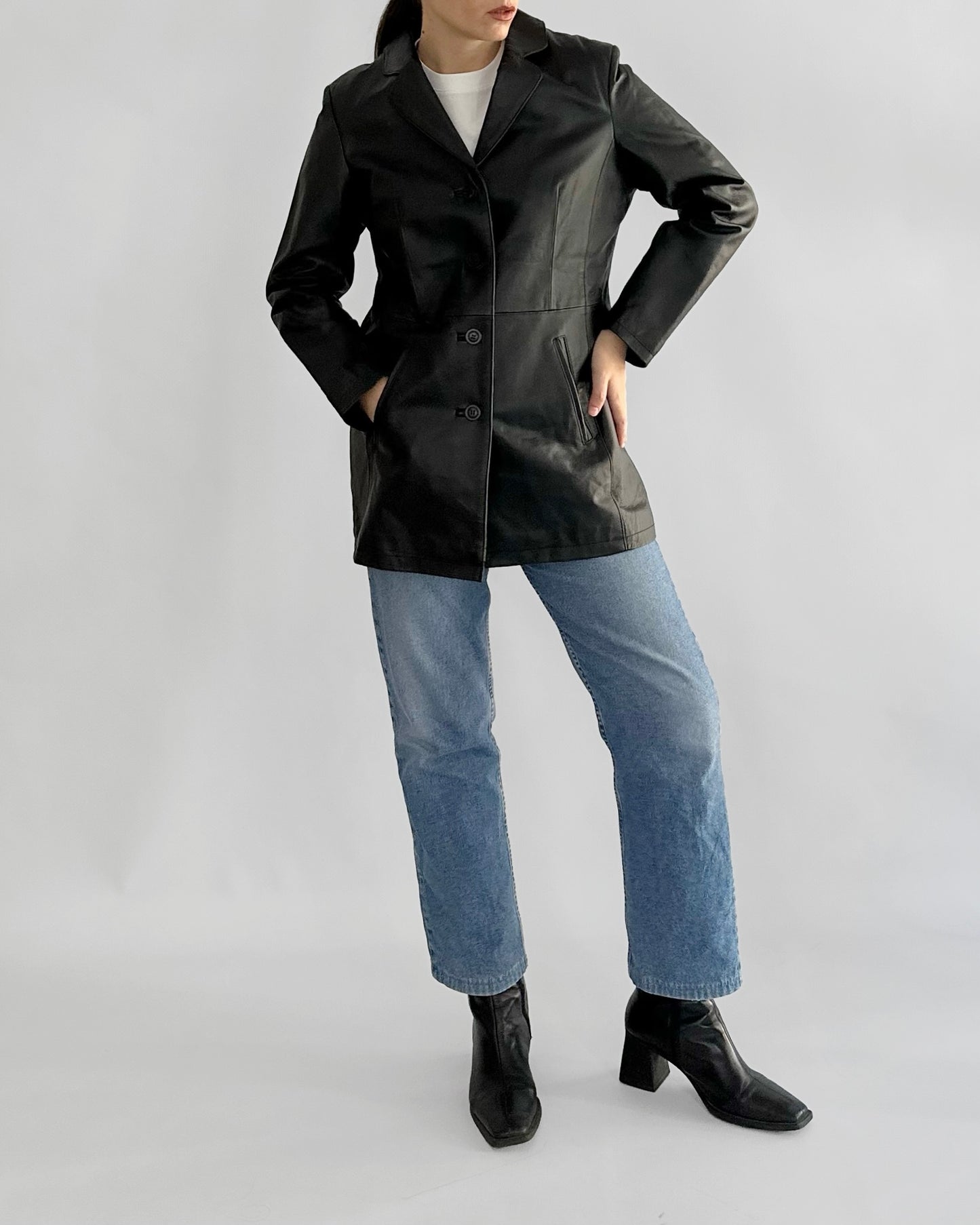 90s Black Midi Leather Blazer