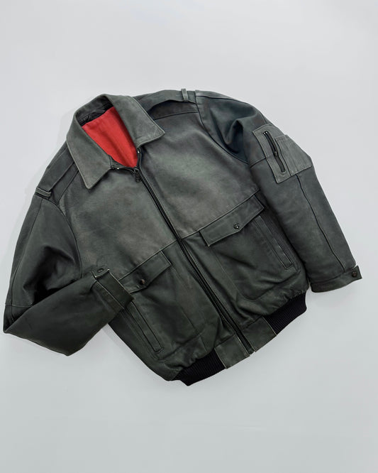 80s Dark Grey Leather Bomber Jacket