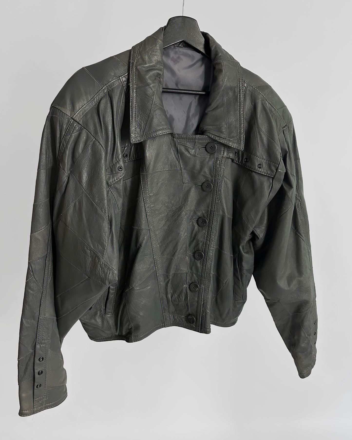 80s Grey Patchwork Leather Bomber Jacket