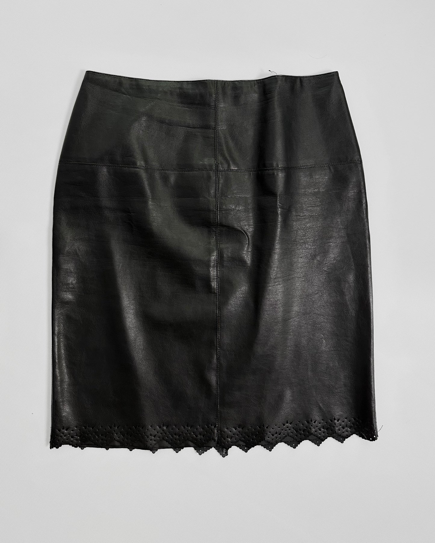 90s Black Eco Leather Skirt Suit
