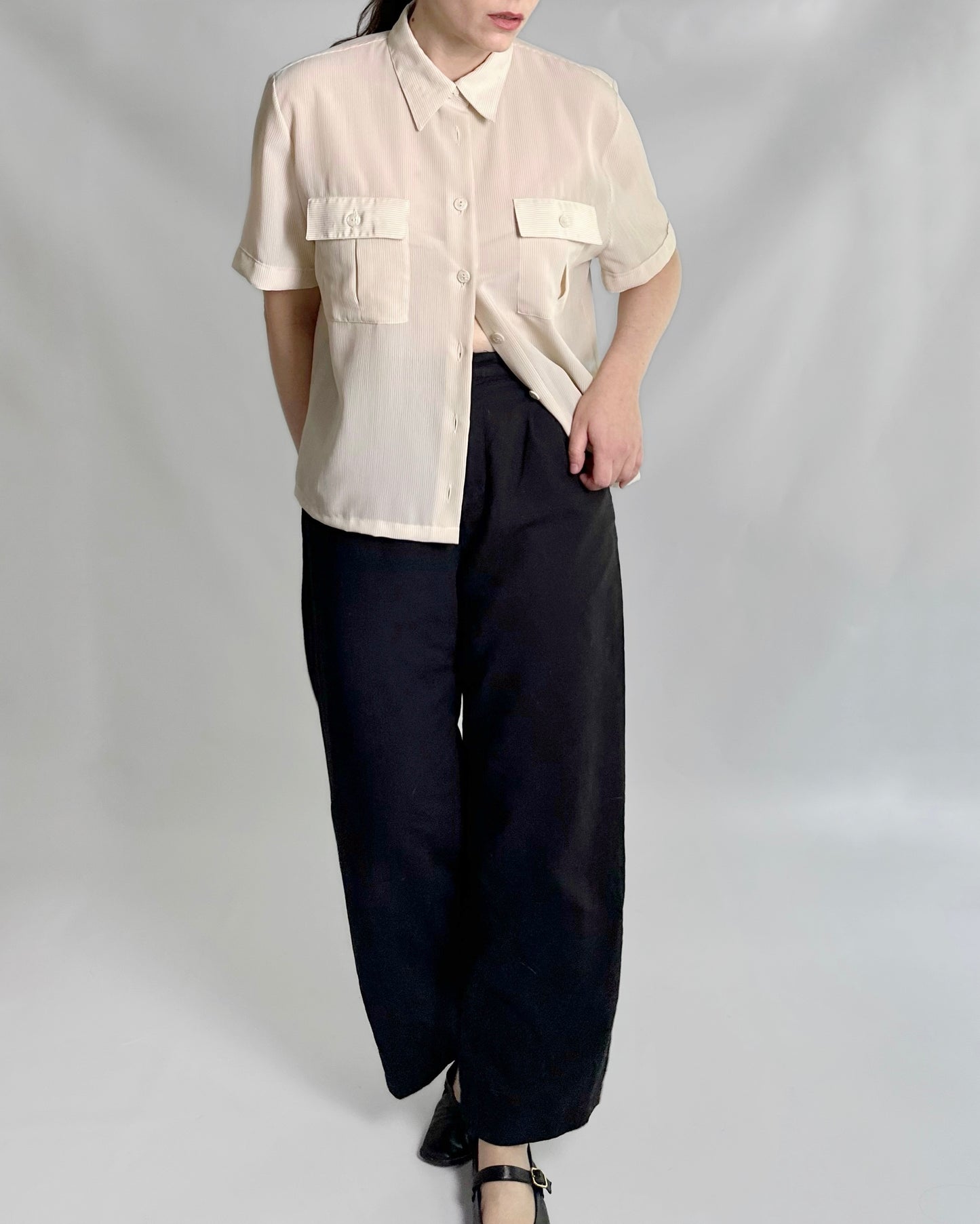 90s Beige Pinstripe Short Sleeve Shirt