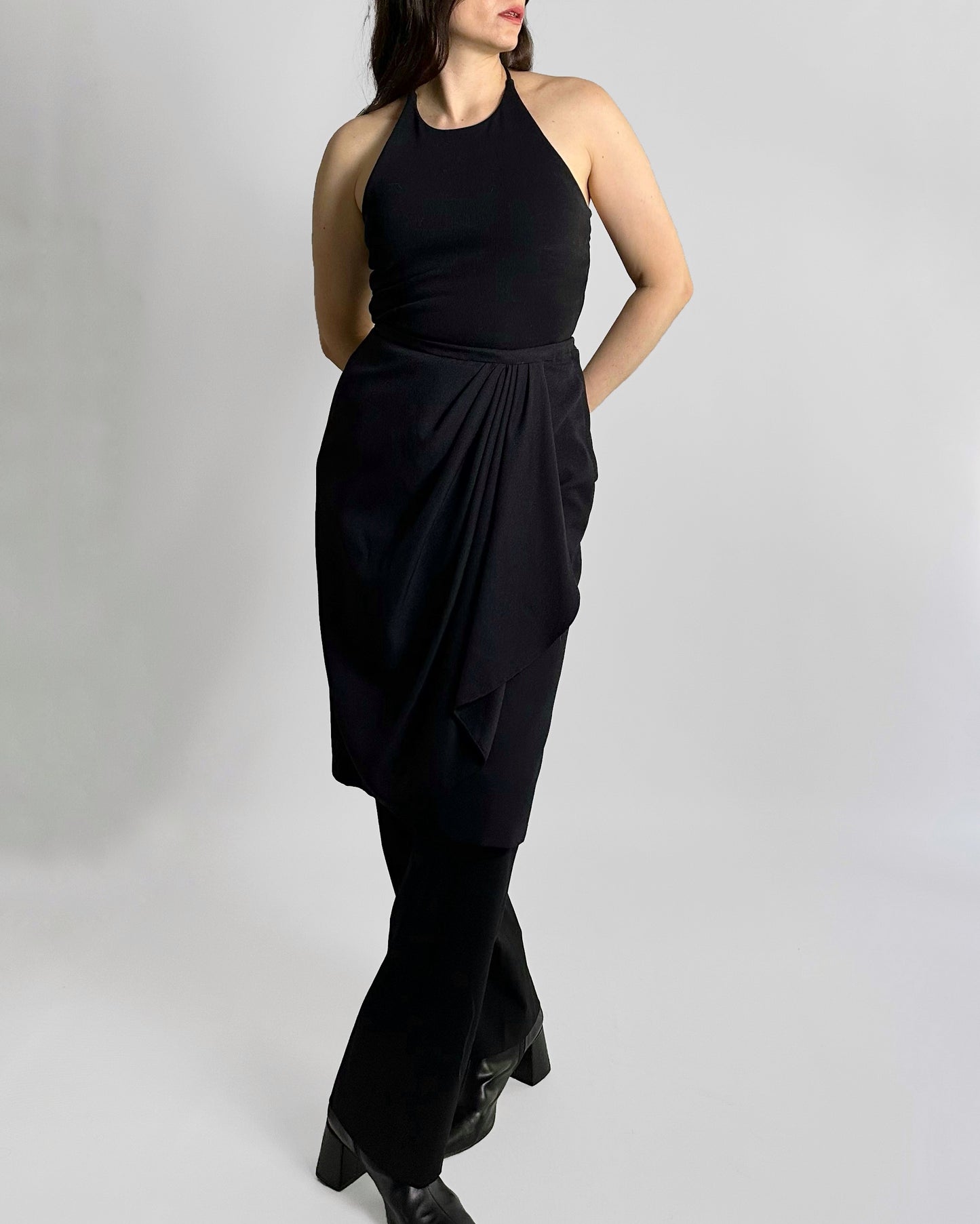 90s Black Draped Midi Skirt