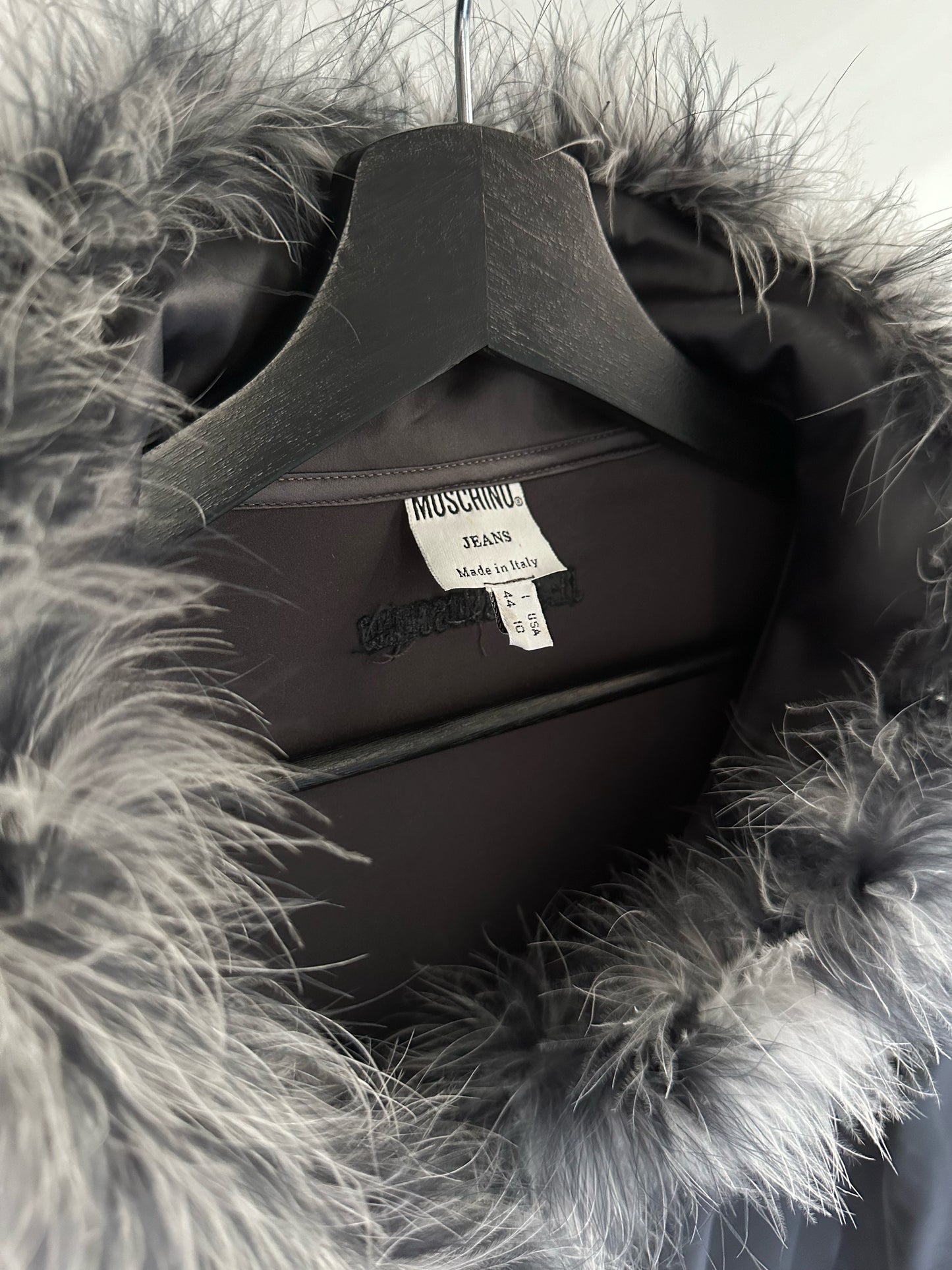 90s Moschino Feather Collar Grey Satin Shirt