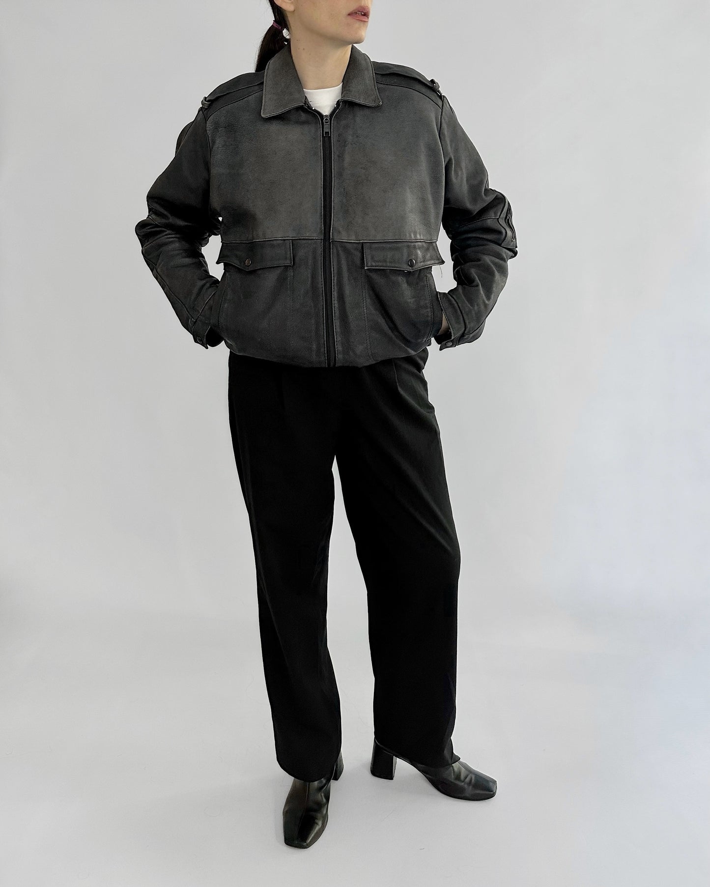 80s Dark Grey Leather Bomber Jacket