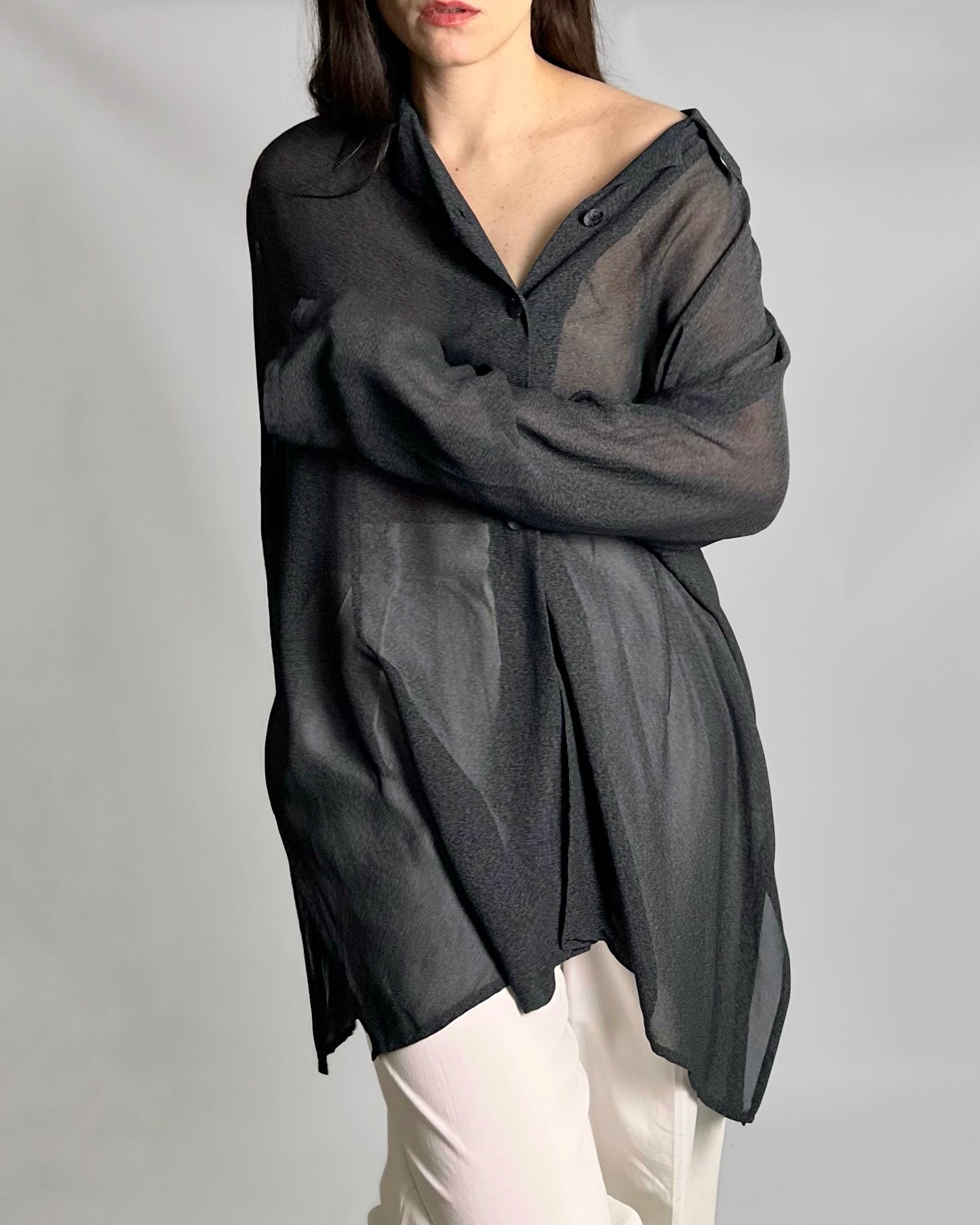 90s Dark Grey Sheer Maxi Shirt