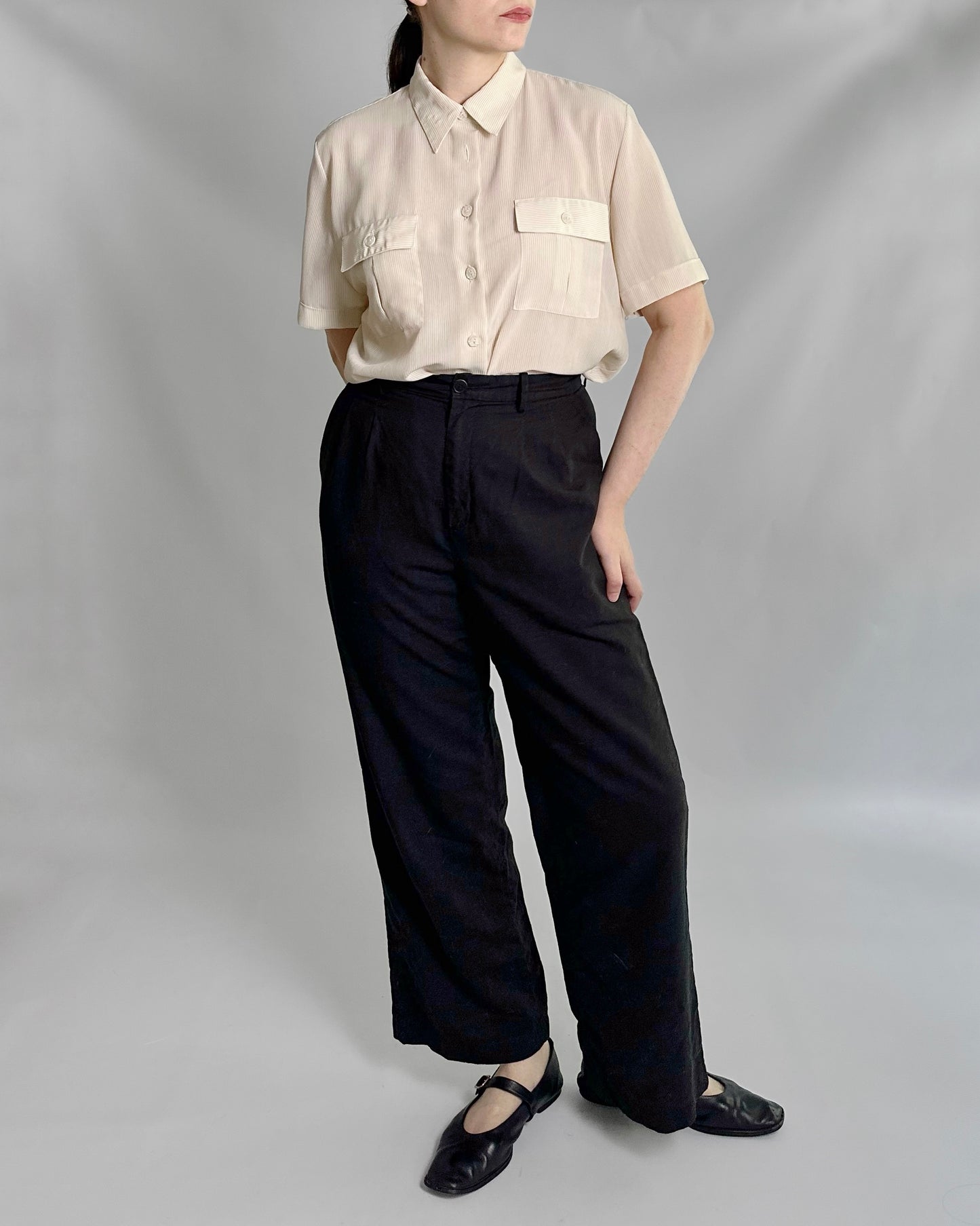 90s Beige Pinstripe Short Sleeve Shirt