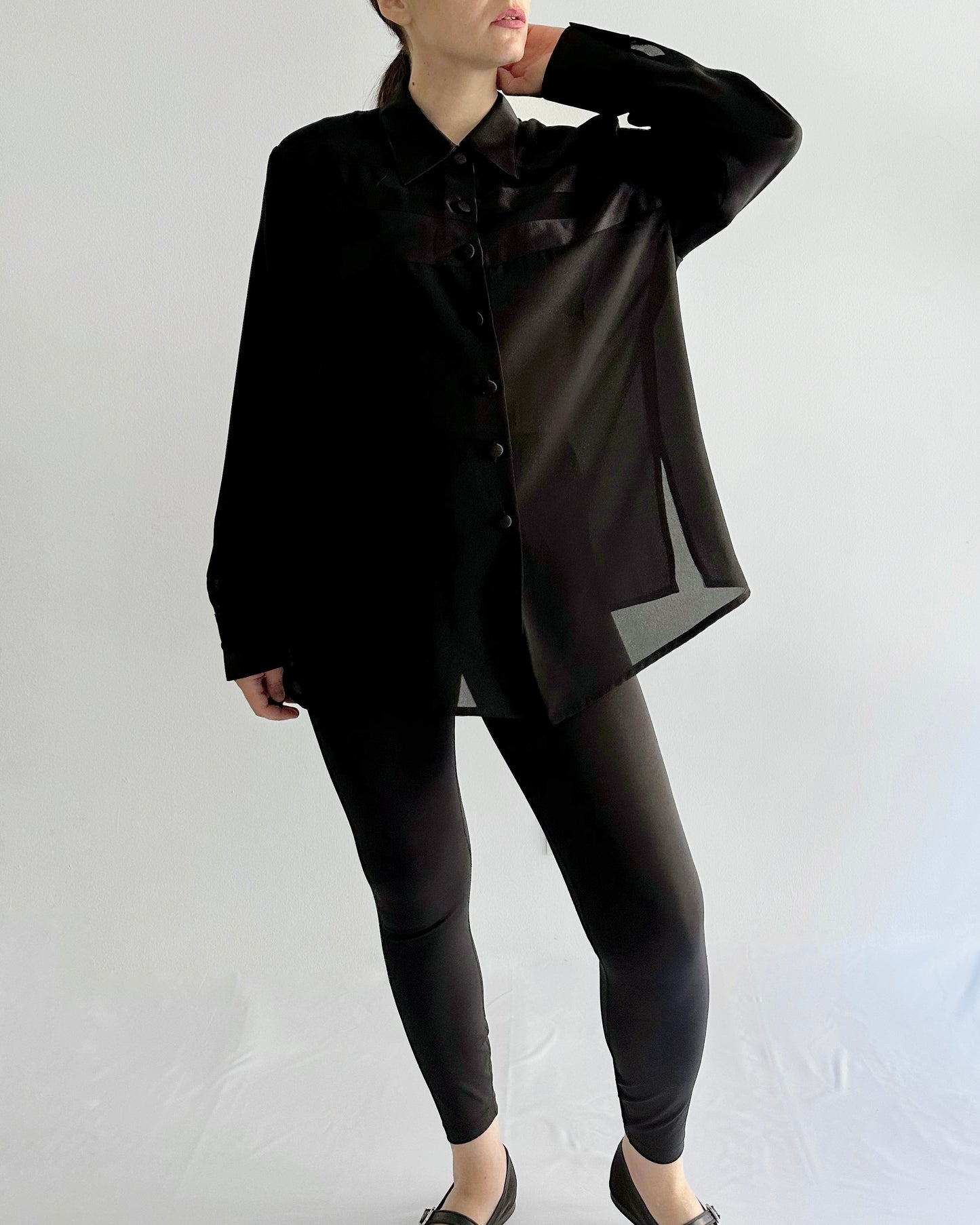 90s Black Sheer Satin Maxi Blouse
