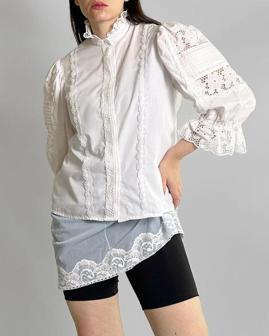 80s White Austrian Puff Sleeve Blouse