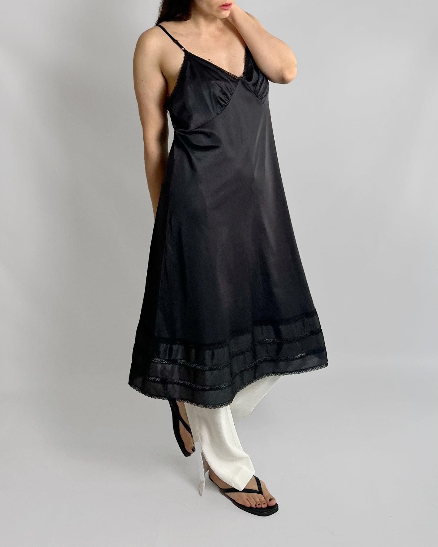 80s Black Sheer Nylon Slip Dress