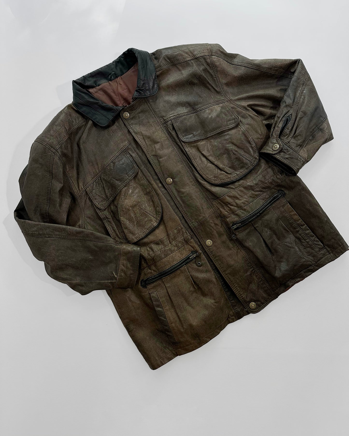 80s Brown Cowhide Leather Field Jacket – Detachable Shearling Collar