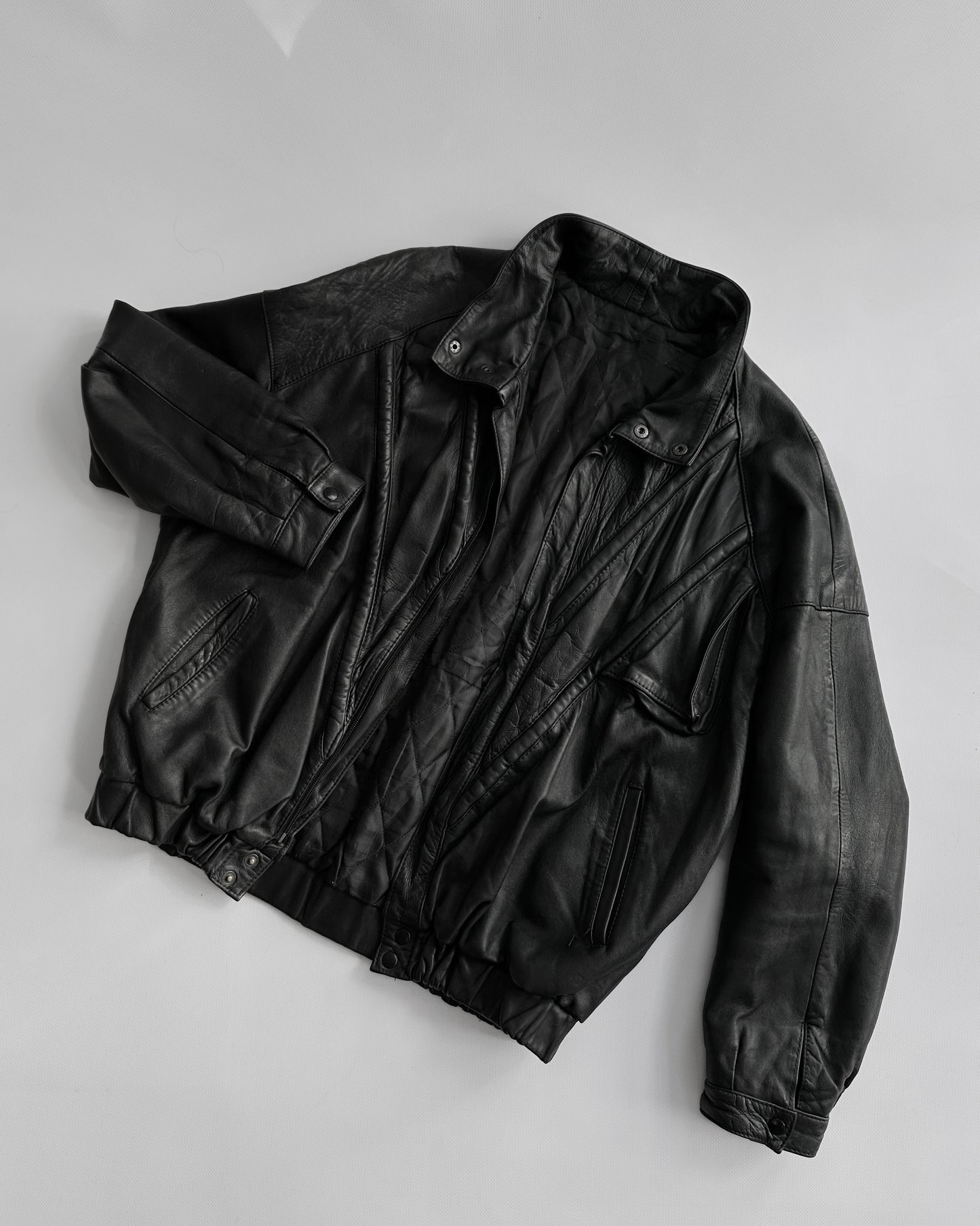 80s Black Leather Bomber Jacket