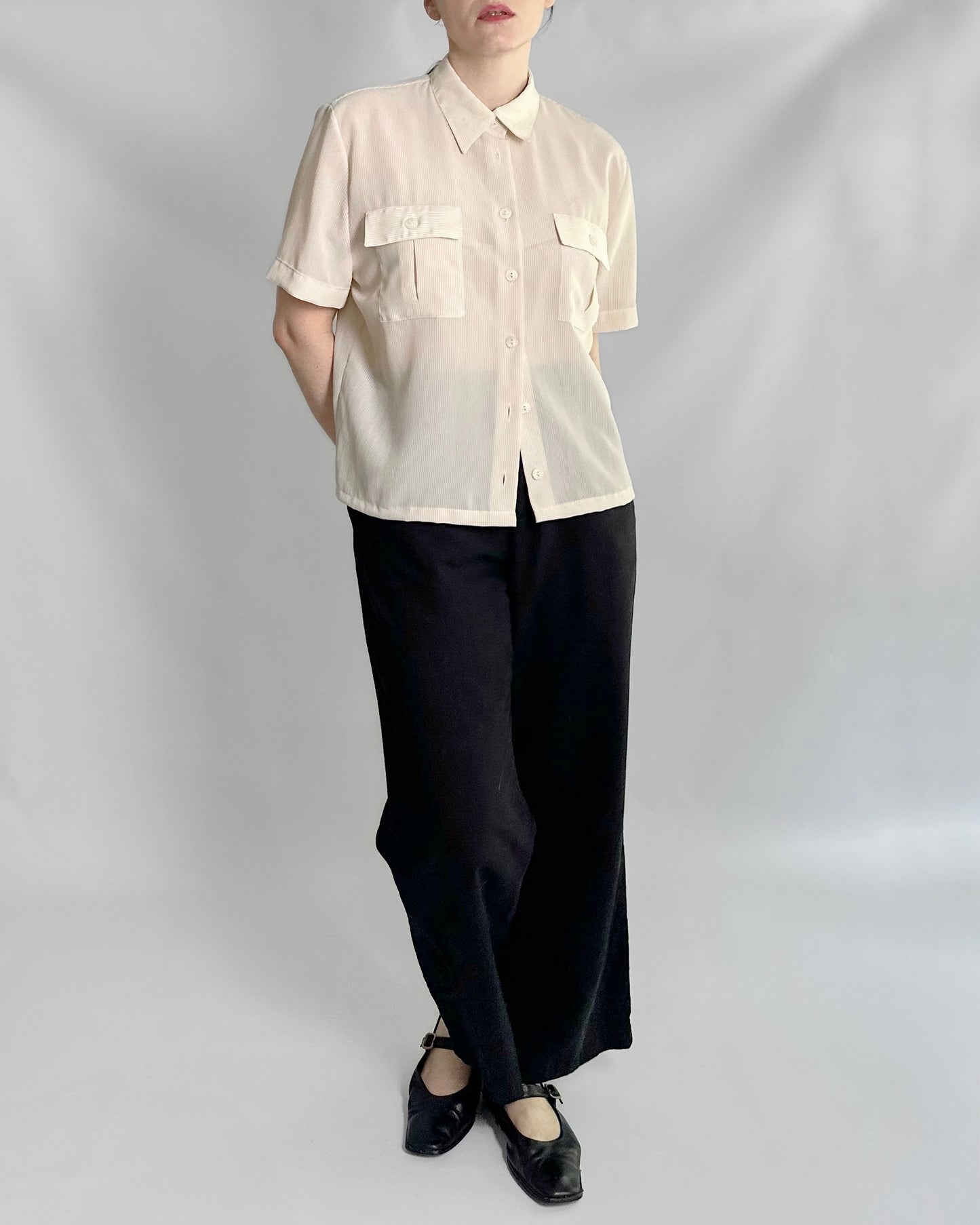 90s Beige Pinstripe Short Sleeve Shirt