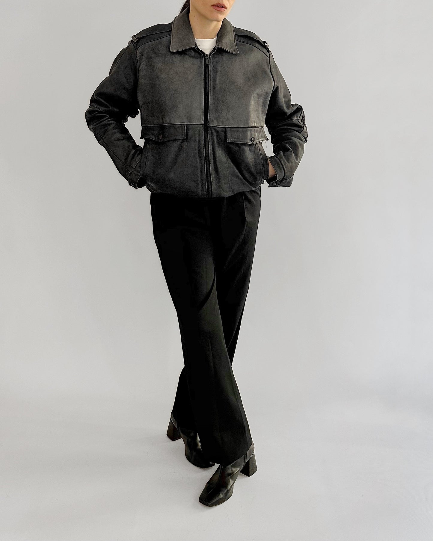 80s Dark Grey Leather Bomber Jacket