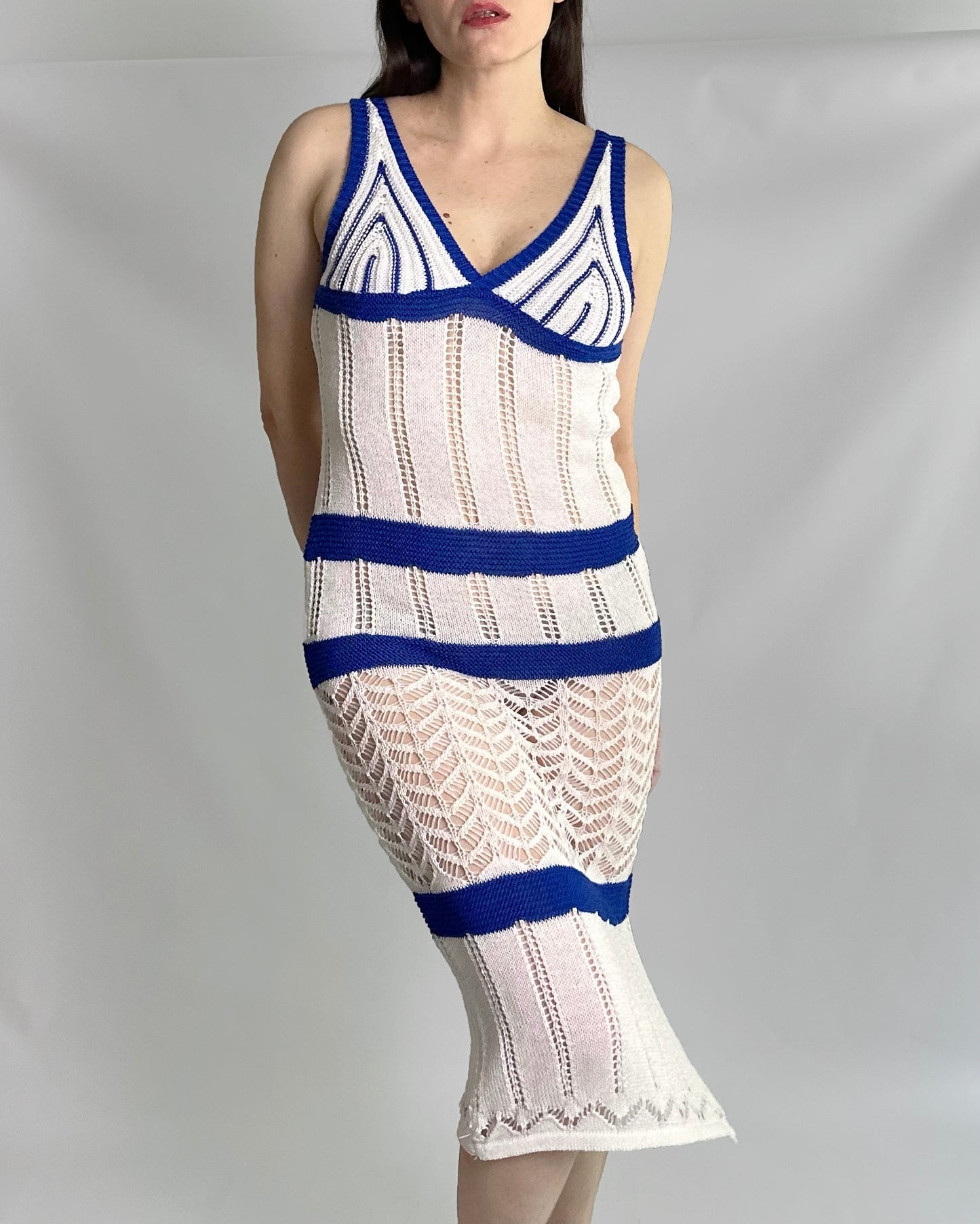 Vintage White and Blue Knit Summer Dress