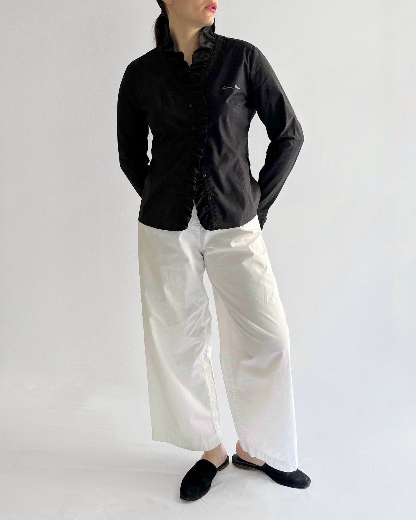 90s Armani Black Cotton Ruffle Blouse