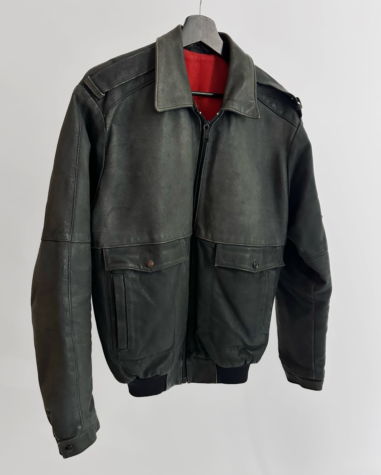80s Dark Grey Leather Bomber Jacket