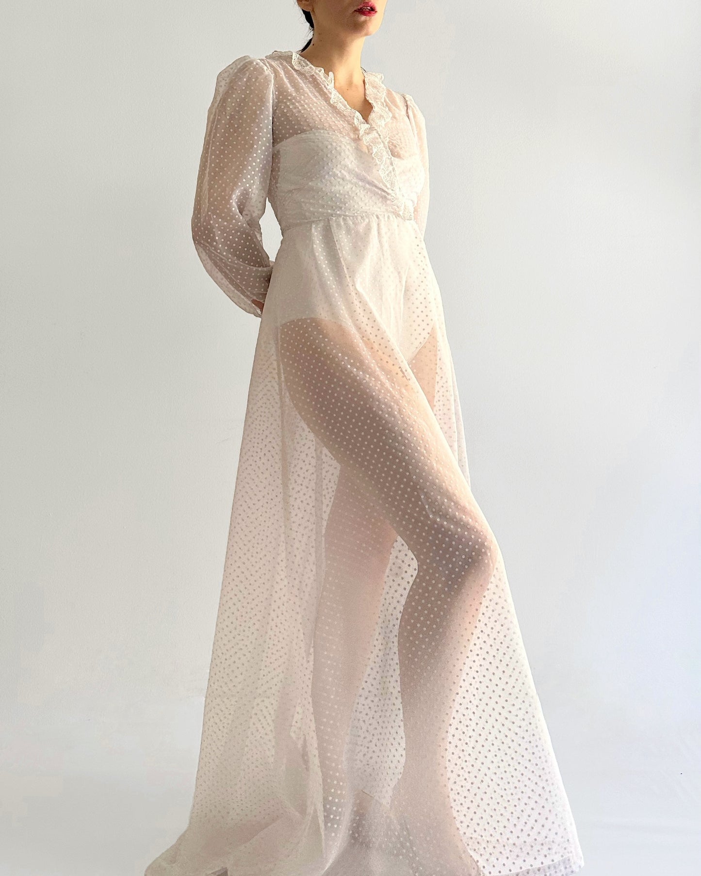 70s/80s Sheer White Polka Dot Dress