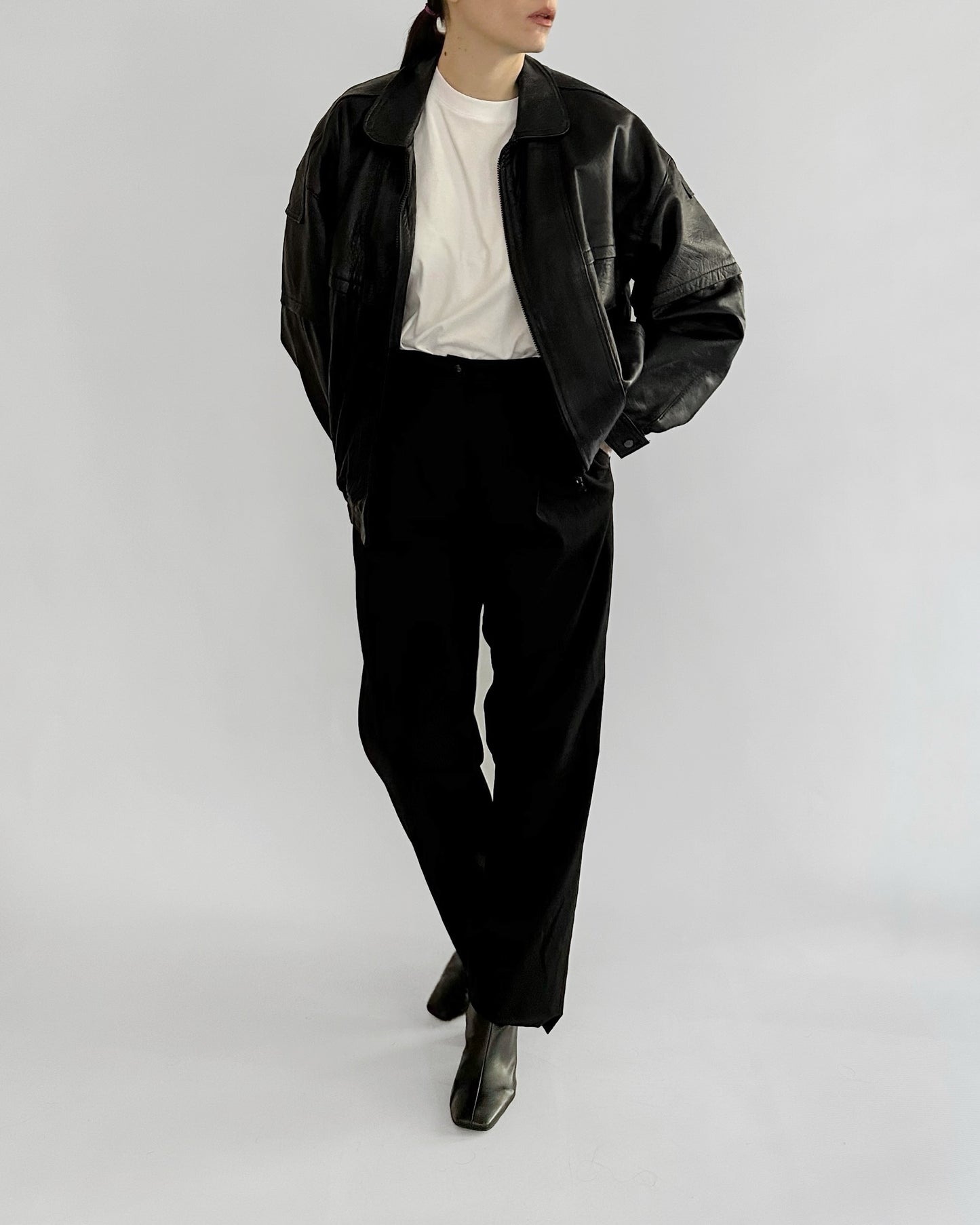 80s Black Sheepskin Leather Bomber Jacket