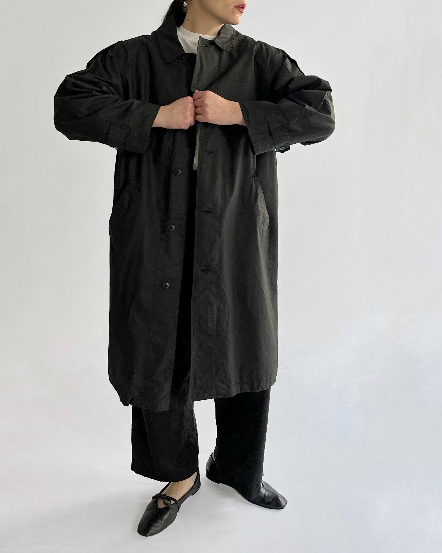 90s Black Cotton Trench Coat