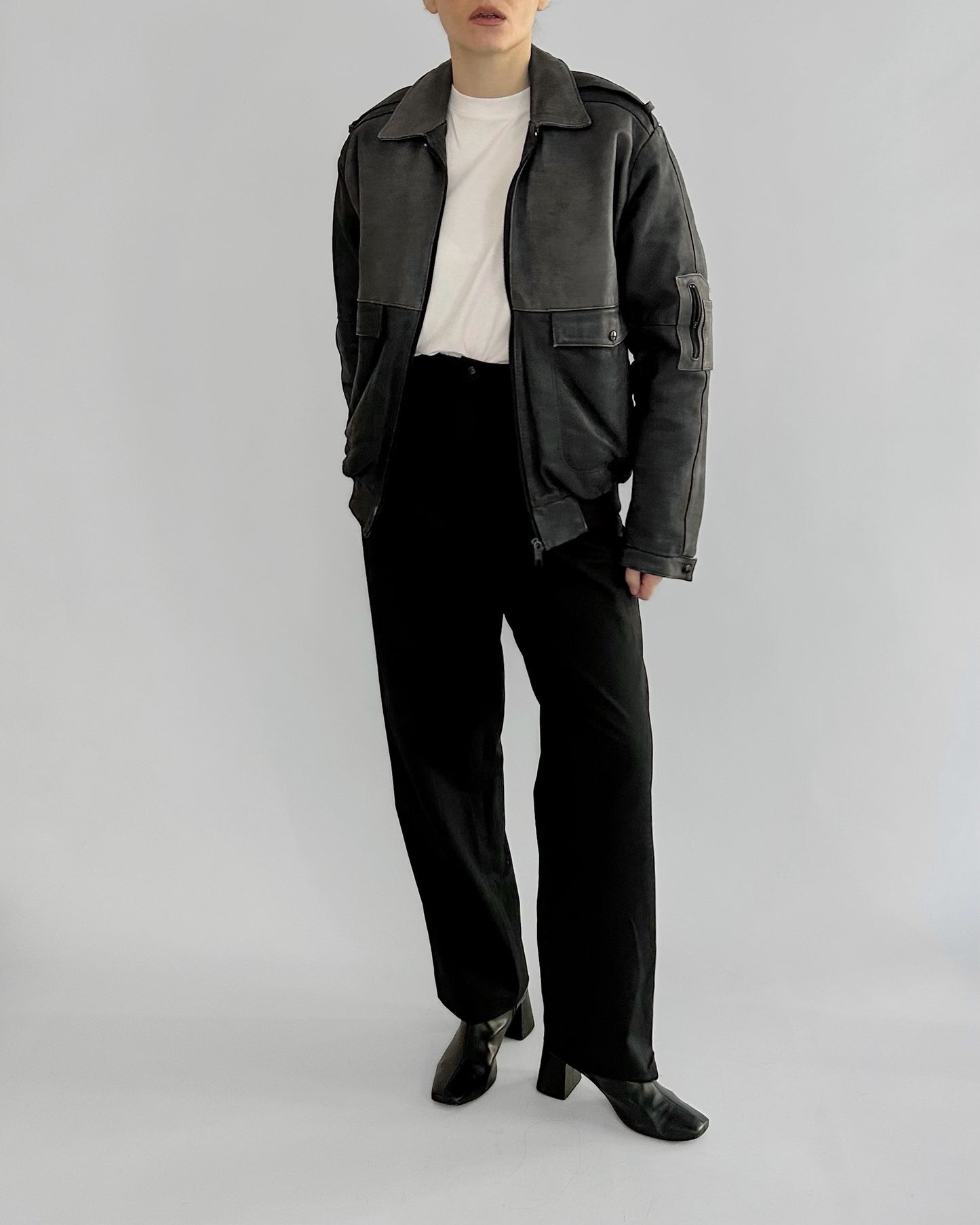 80s Dark Grey Leather Bomber Jacket
