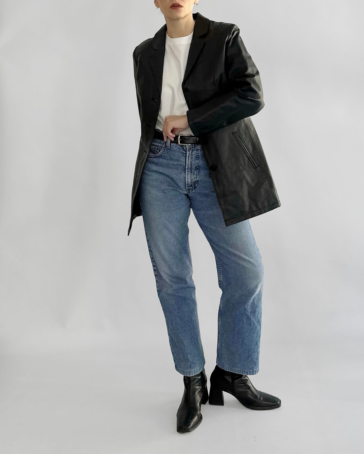 90s Black Midi Leather Blazer