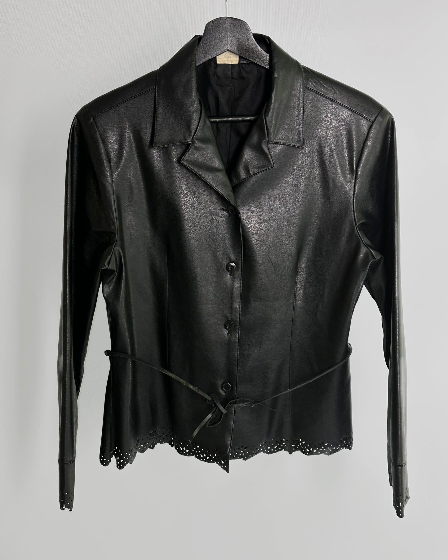 90s Black Eco Leather Skirt Suit
