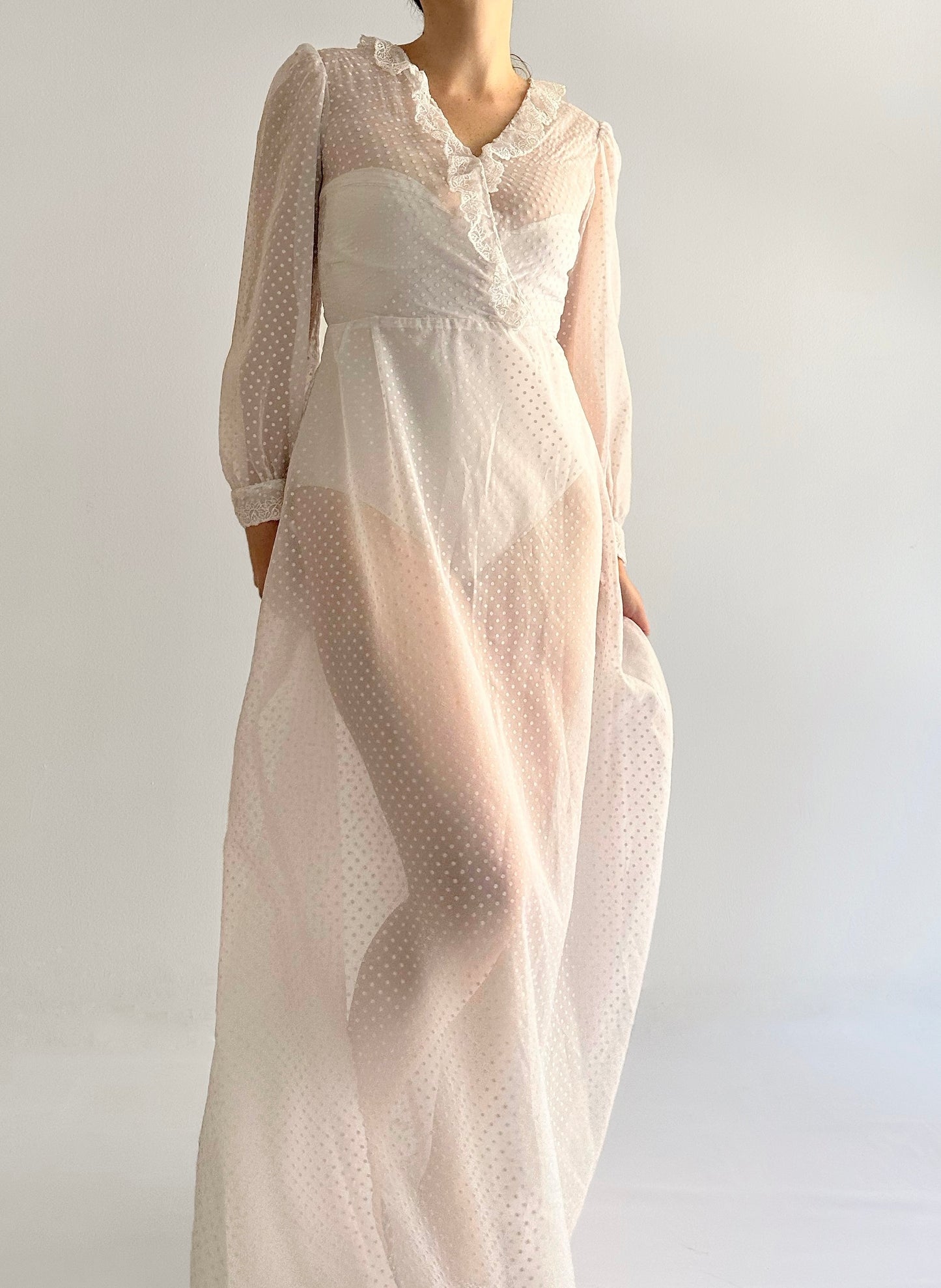 70s/80s Sheer White Polka Dot Dress