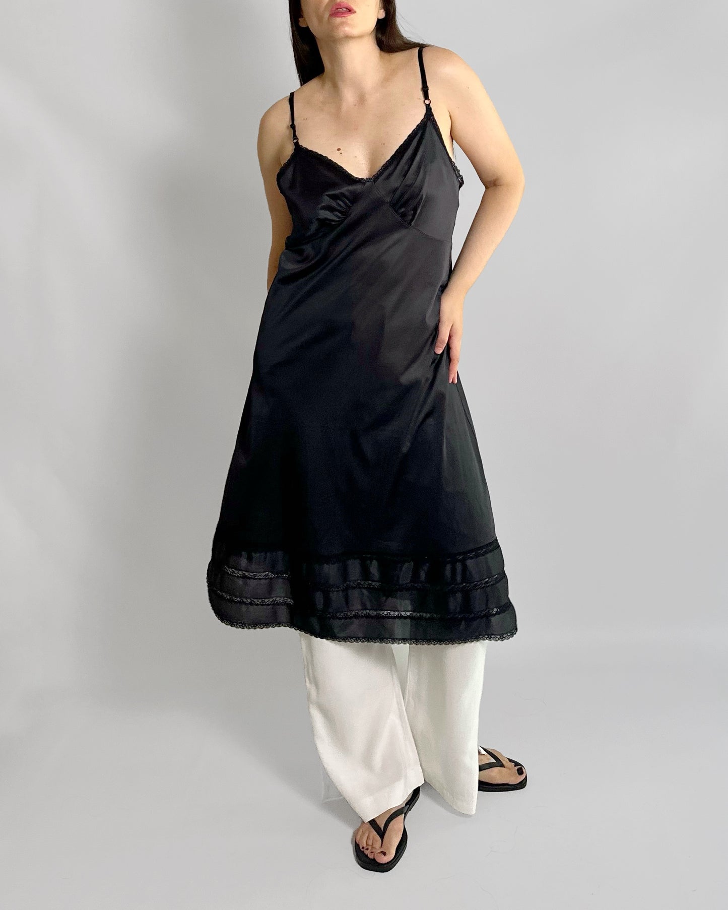 80s Black Sheer Nylon Slip Dress