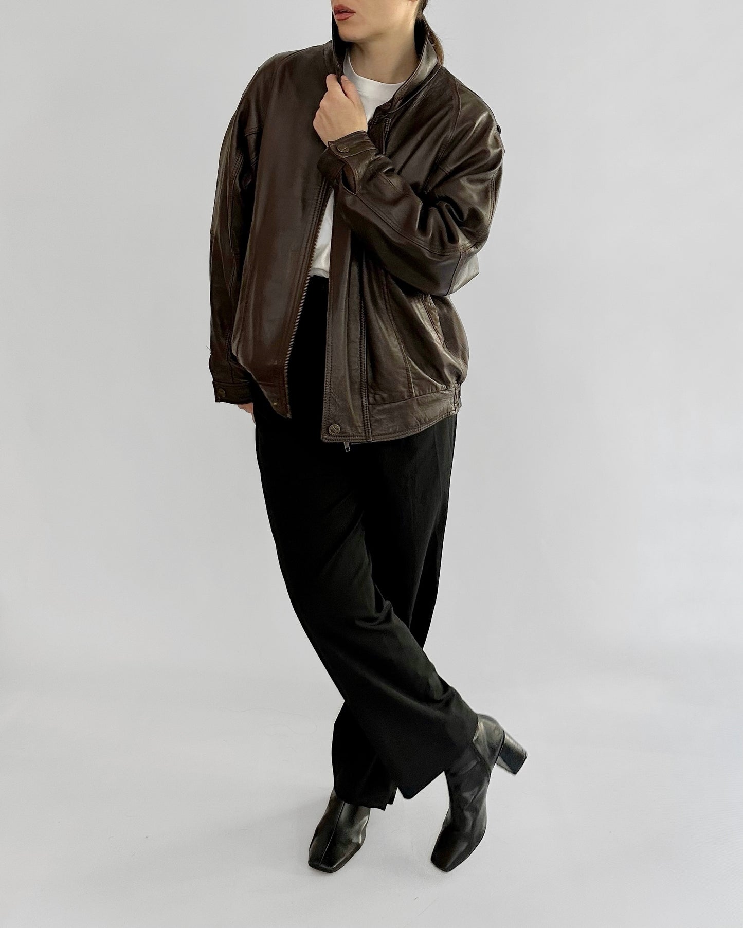 80s Brown Leather Bomber Jacket