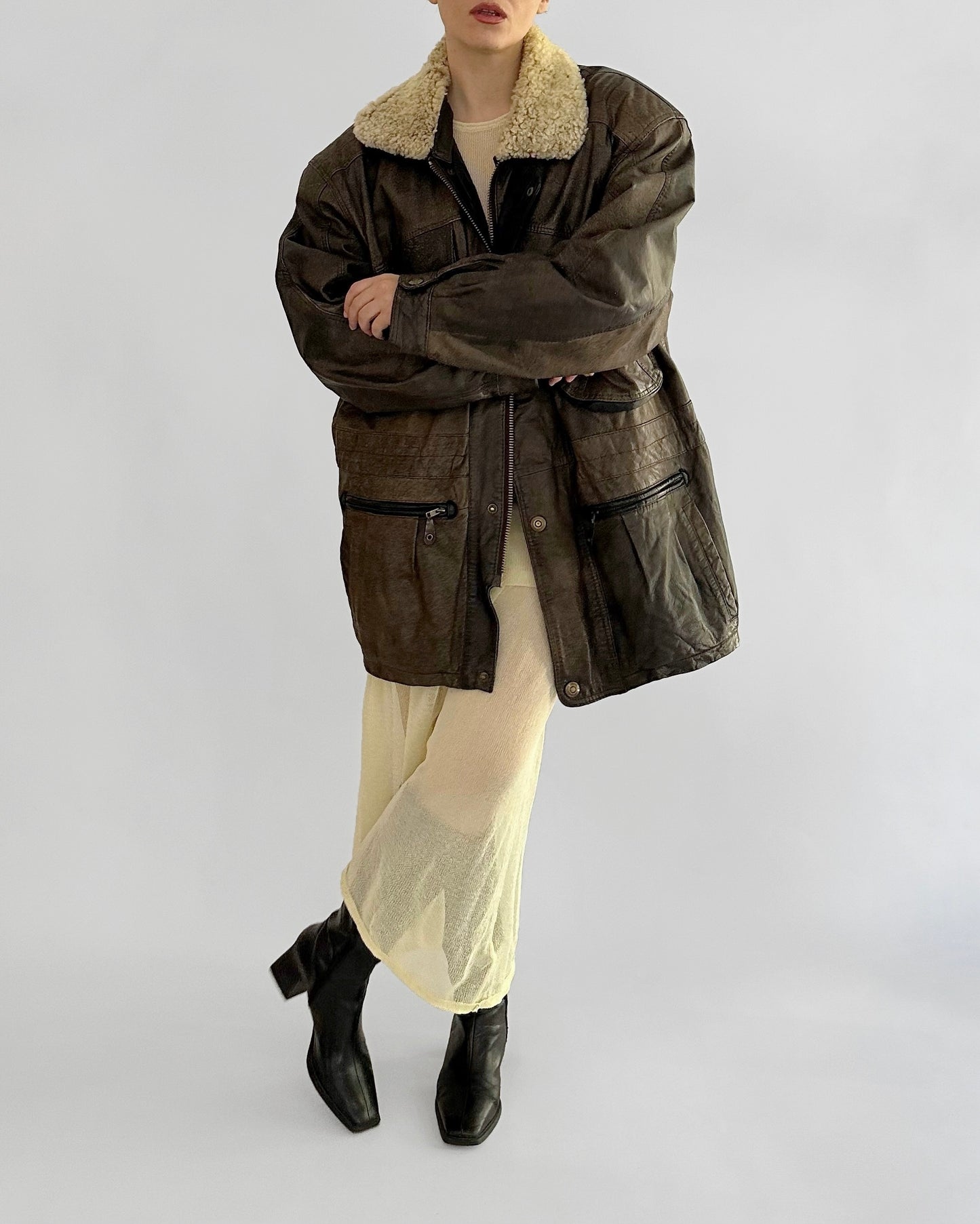 80s Brown Cowhide Leather Field Jacket – Detachable Shearling Collar