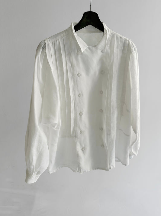 80s White Cotton Linen Pleated Blouse