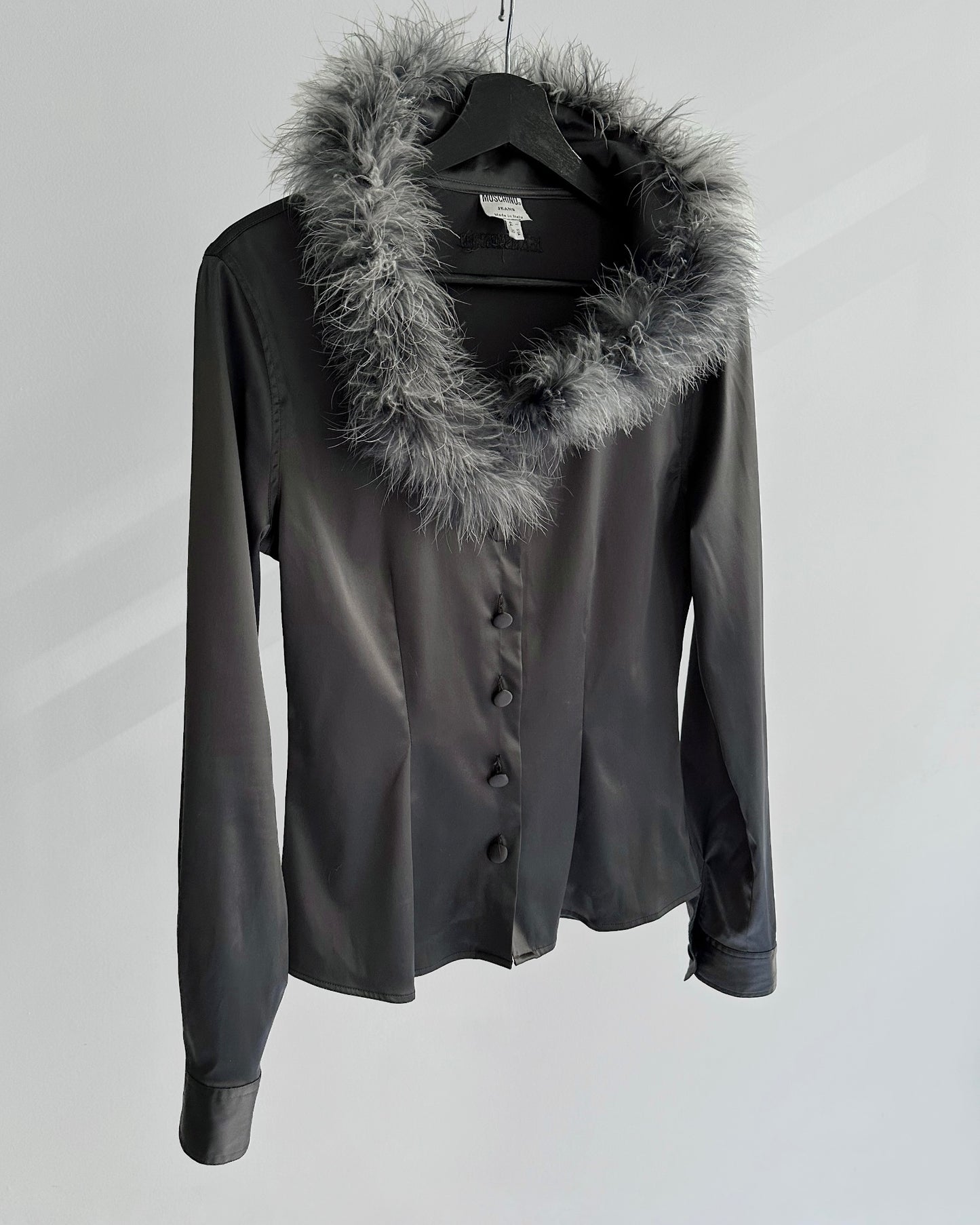 90s Moschino Feather Collar Grey Satin Shirt