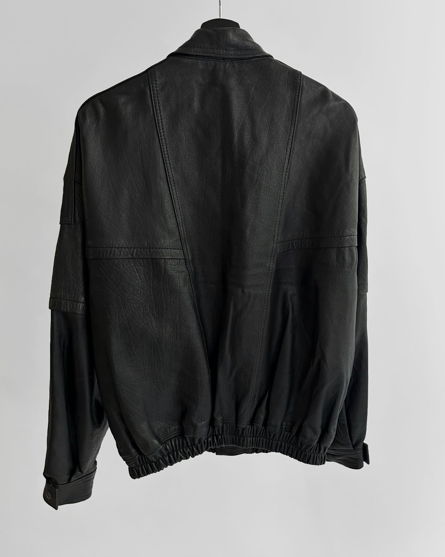 80s Black Sheepskin Leather Bomber Jacket