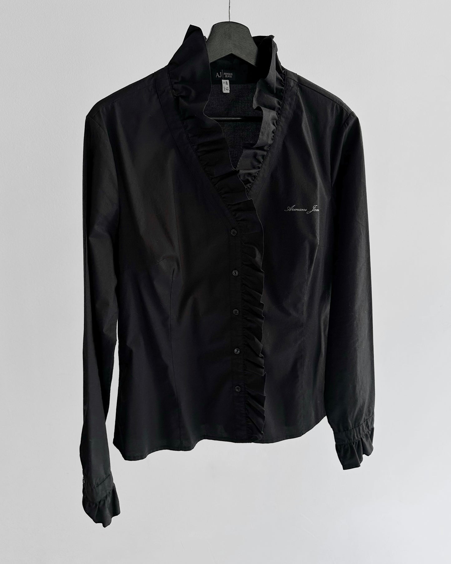 90s Armani Black Cotton Ruffle Blouse