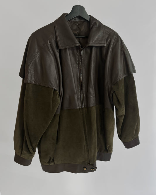 80s Brown Green Sheepskin Suede Leather Jacket