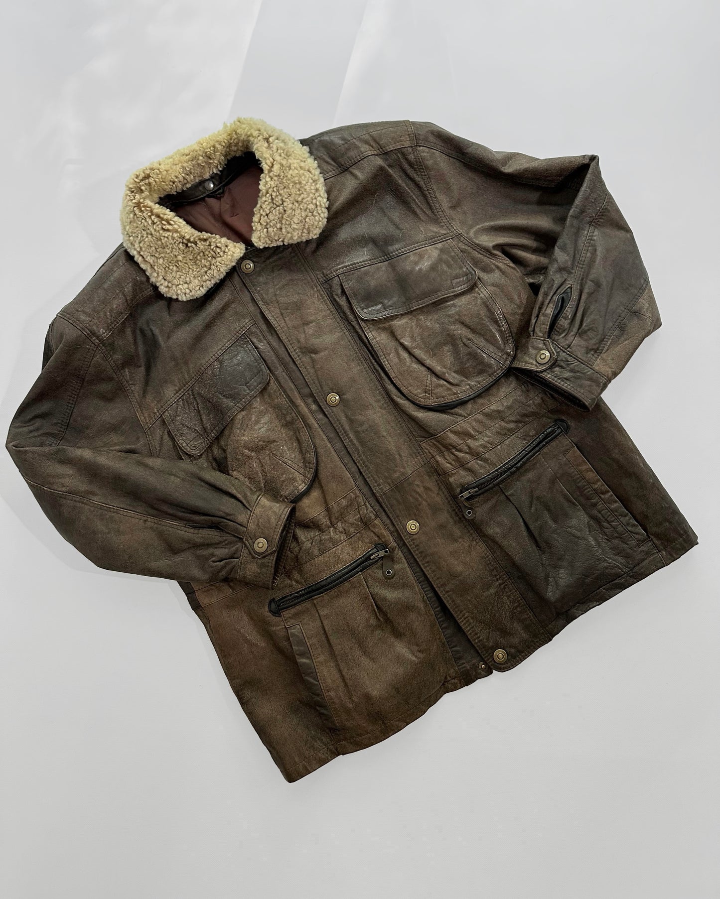 80s Brown Cowhide Leather Field Jacket – Detachable Shearling Collar