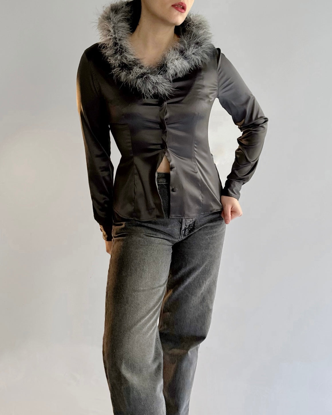 90s Moschino Feather Collar Grey Satin Shirt