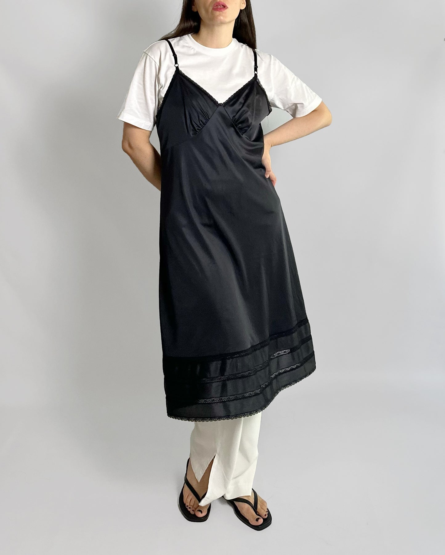 80s Black Sheer Nylon Slip Dress