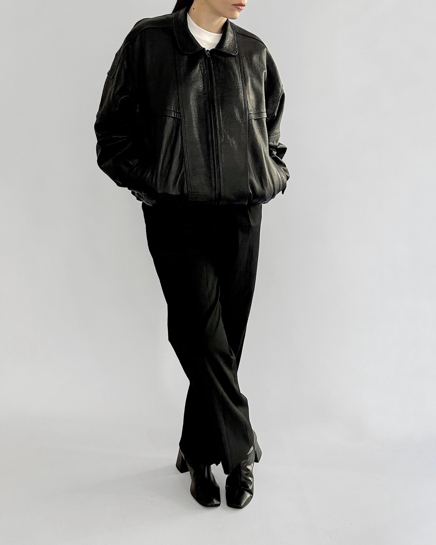 80s Black Sheepskin Leather Bomber Jacket