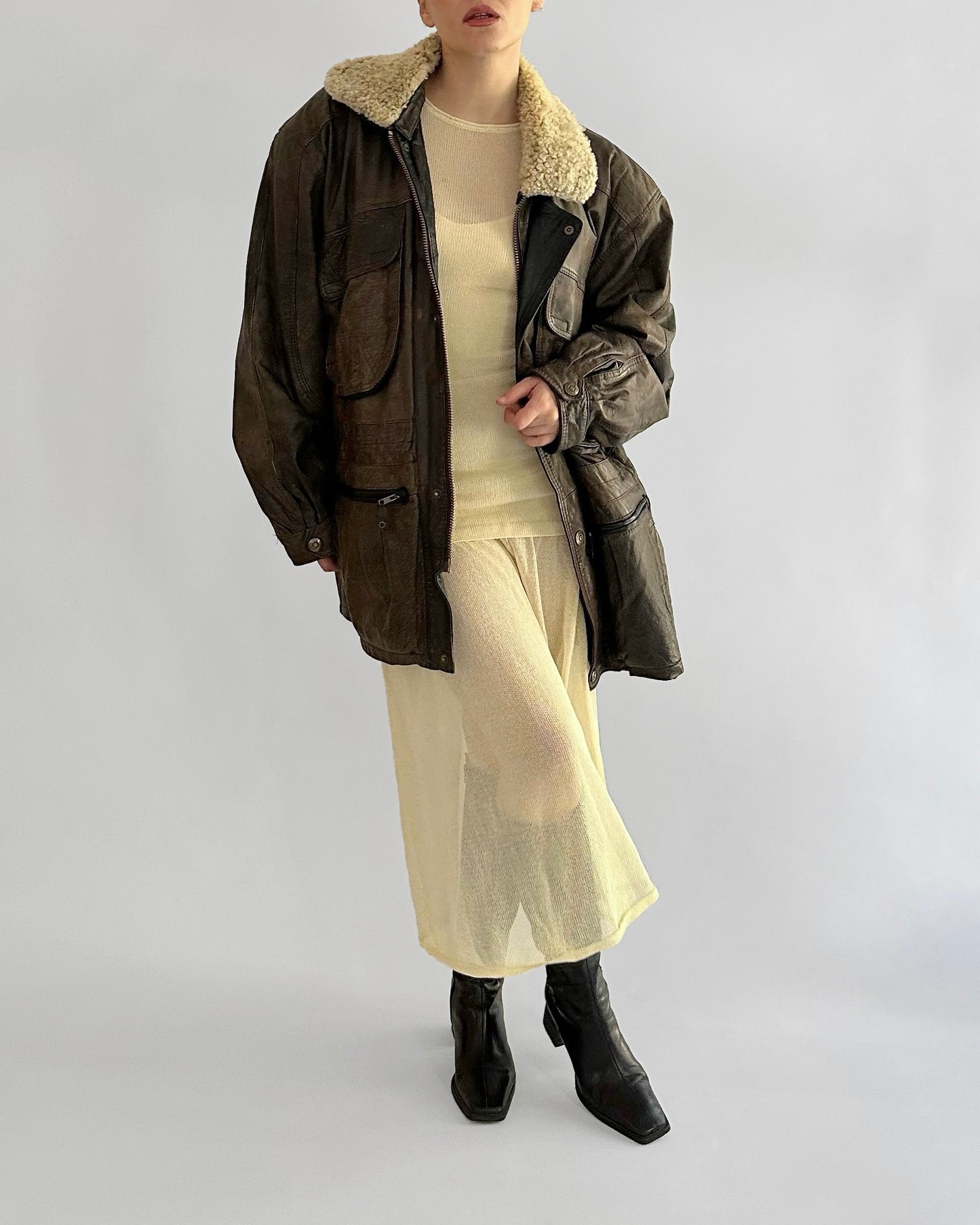 80s Brown Cowhide Leather Field Jacket – Detachable Shearling Collar