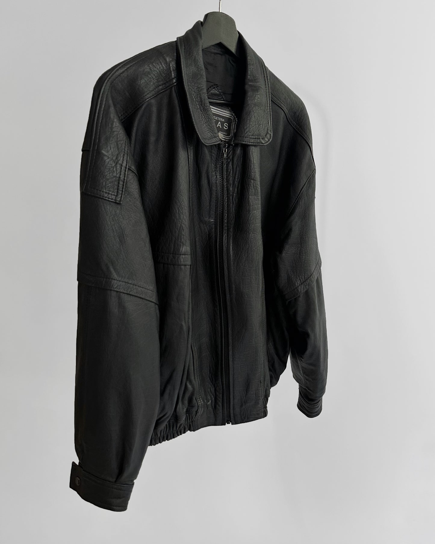 80s Black Sheepskin Leather Bomber Jacket