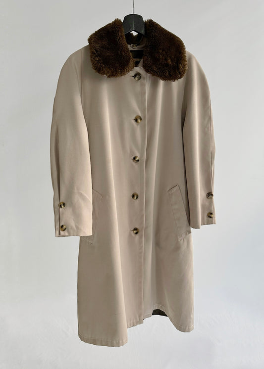 90s Beige Trench Coat – Detachable Faux Fur Collar